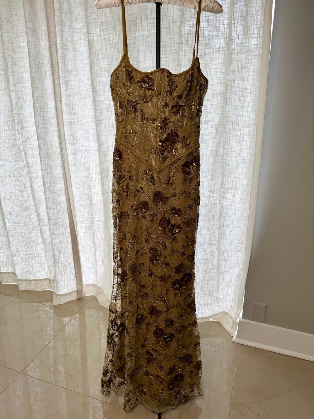 House of CB Gold Beaded Strapless Floral Gown